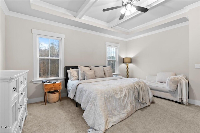 bedroom with light carpet, baseboards, beamed ceiling, and ornamental molding