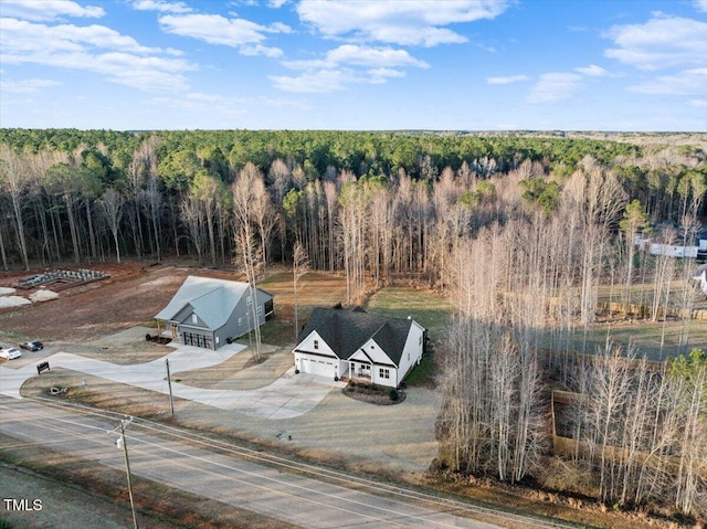 bird's eye view featuring a wooded view