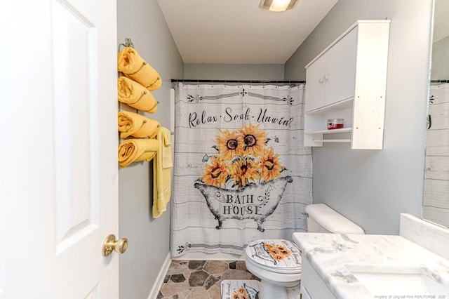 full bath featuring stone finish flooring, curtained shower, vanity, and toilet