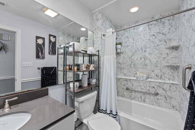 full bath featuring toilet, shower / bathtub combination with curtain, visible vents, and vanity