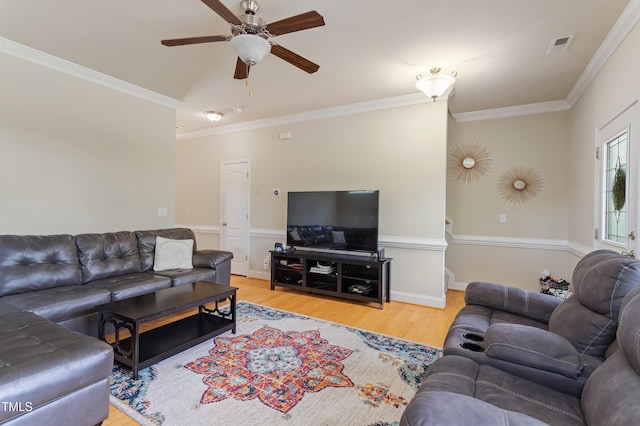 801 Myrtle Grove Ln, Apex, NC 27502 - living area featuring crown molding, visible vents, a ceiling fan, and wood finished floors