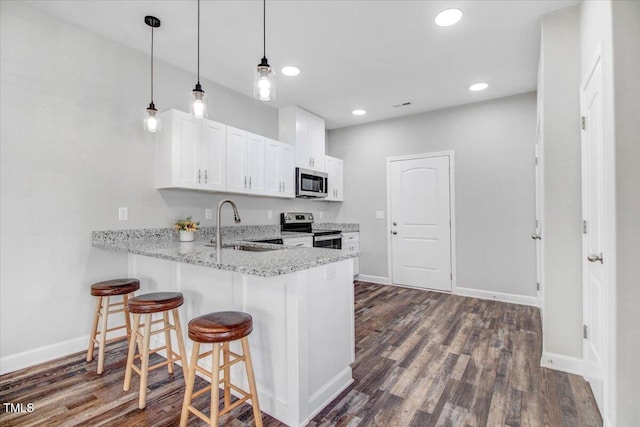 kitchen featuring a peninsula, dark wood-style floors, stainless steel appliances, and a sink