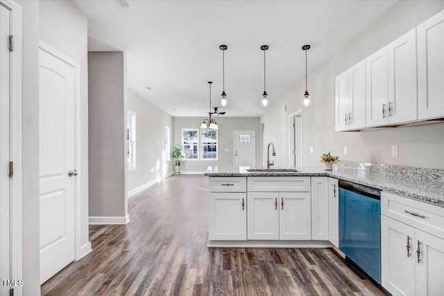 kitchen with white cabinets, dishwashing machine, dark wood-style flooring, a peninsula, and a sink