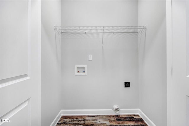 laundry area featuring hookup for a washing machine, hookup for an electric dryer, baseboards, and wood finished floors