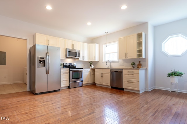 kitchen with electric panel, recessed lighting, light wood-style flooring, and appliances with stainless steel finishes