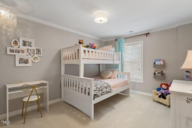 bedroom featuring crown molding, light colored carpet, baseboards, and visible vents