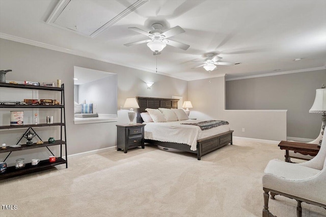 bedroom featuring baseboards, carpet floors, attic access, and crown molding