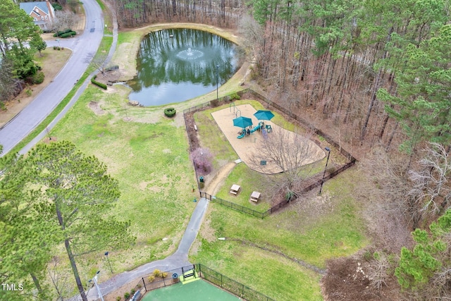 aerial view featuring a water view