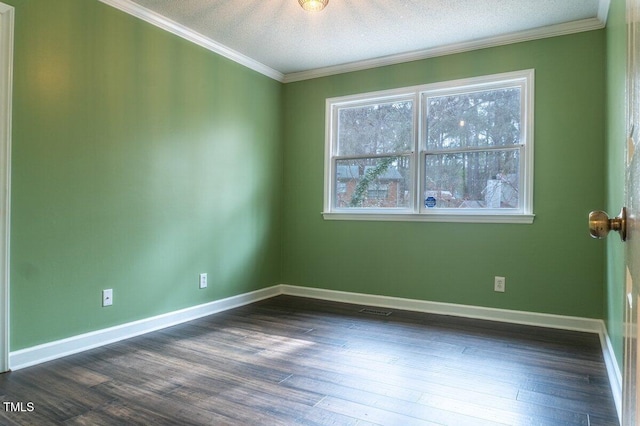 unfurnished room with a textured ceiling, visible vents, baseboards, dark wood-style floors, and crown molding