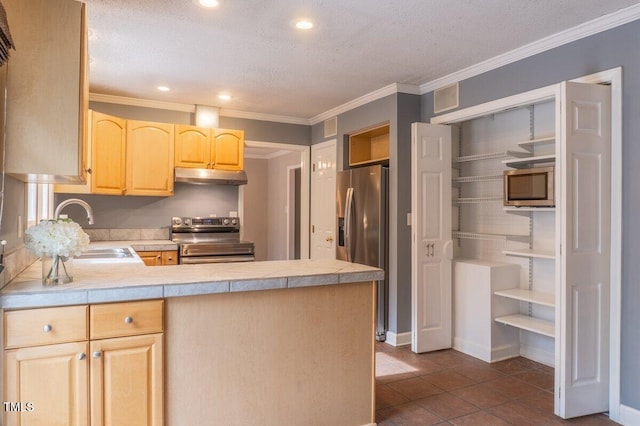 kitchen with open shelves, stainless steel appliances, light brown cabinetry, a sink, and under cabinet range hood