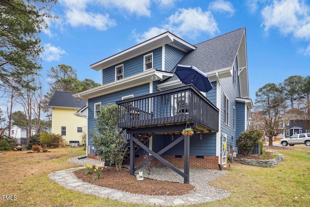 back of house featuring cooling unit, roof with shingles, crawl space, a deck, and a lawn