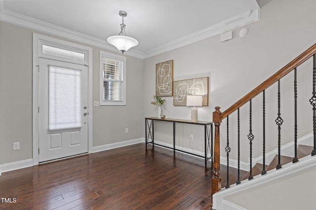 entrance foyer with stairs, crown molding, baseboards, and wood-type flooring