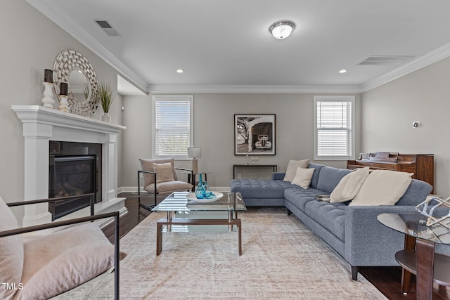 living room featuring visible vents, a healthy amount of sunlight, and wood finished floors