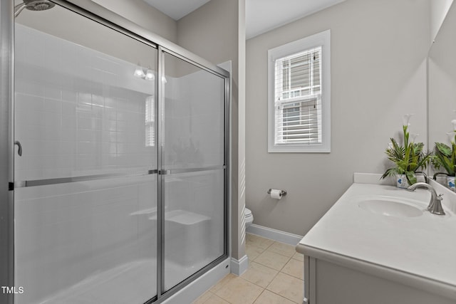 full bath featuring tile patterned flooring, a shower stall, baseboards, toilet, and vanity