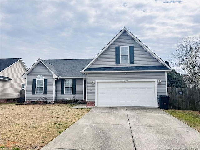 view of front of property featuring concrete driveway, roof with shingles, crawl space, fence, and a front lawn