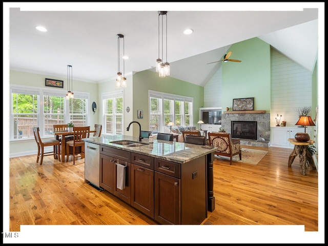 kitchen featuring a sink, light wood-type flooring, stainless steel dishwasher, and a fireplace