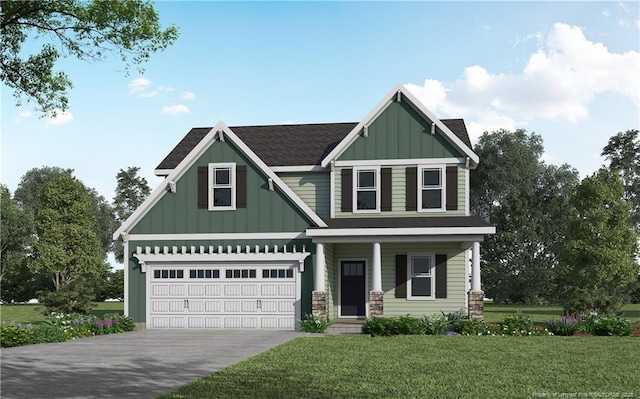 craftsman house with a porch, board and batten siding, a garage, driveway, and a front lawn