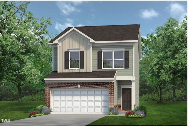 view of front facade featuring brick siding, board and batten siding, a front lawn, concrete driveway, and a garage