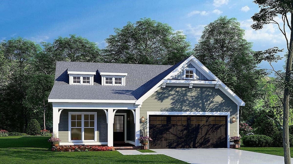 view of front of property featuring an attached garage, a porch, concrete driveway, and a front yard