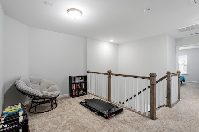 workout room with visible vents, baseboards, and carpet floors