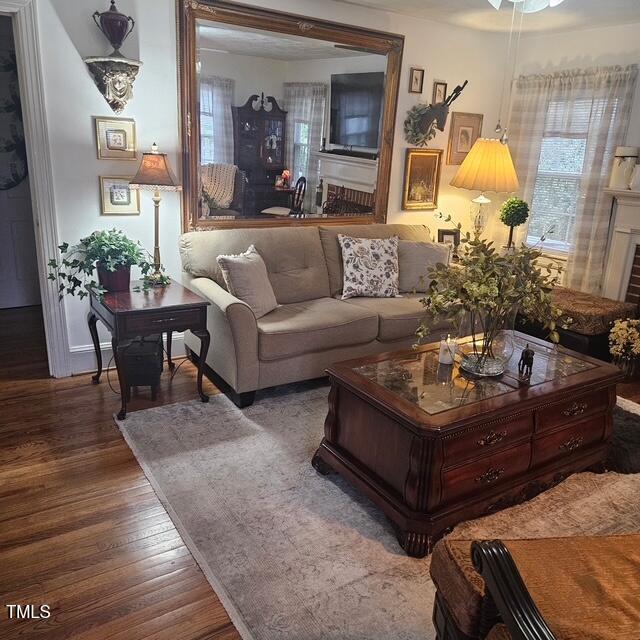 living area featuring a fireplace and hardwood / wood-style floors