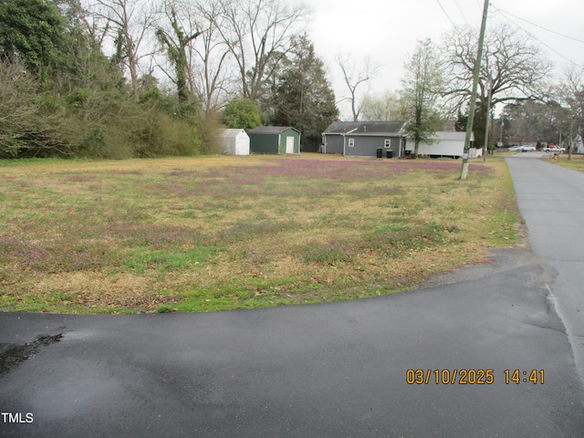 view of yard featuring a storage shed and an outdoor structure