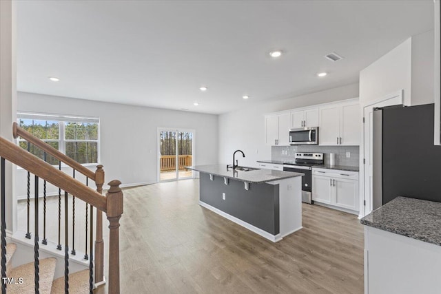 kitchen with white cabinetry, visible vents, appliances with stainless steel finishes, light wood-type flooring, and tasteful backsplash