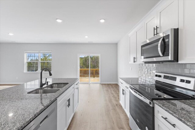 kitchen with light wood finished floors, decorative backsplash, stainless steel appliances, white cabinetry, and a sink