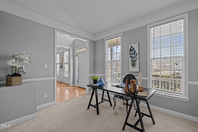 office area with baseboards, carpet floors, and ornamental molding