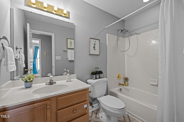 full bathroom with shower / bath combination with curtain, tile patterned flooring, toilet, and vanity