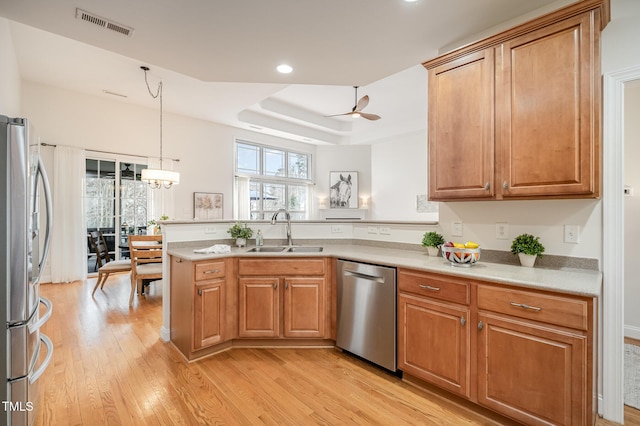 kitchen with visible vents, a sink, a tray ceiling, appliances with stainless steel finishes, and a peninsula