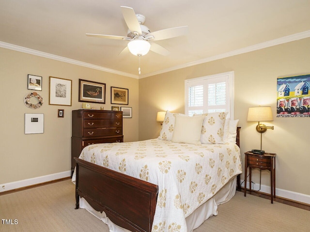 bedroom featuring baseboards, a ceiling fan, and crown molding