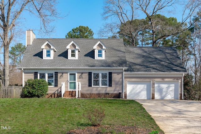 cape cod home with fence, an attached garage, a front lawn, concrete driveway, and crawl space