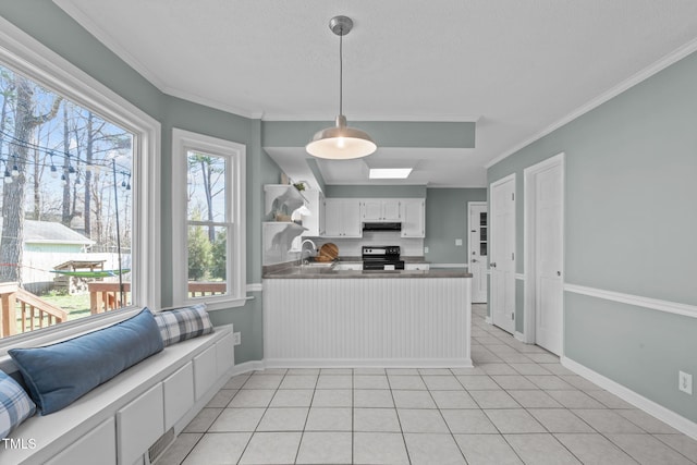 kitchen featuring under cabinet range hood, ornamental molding, light tile patterned floors, black electric range, and white cabinetry