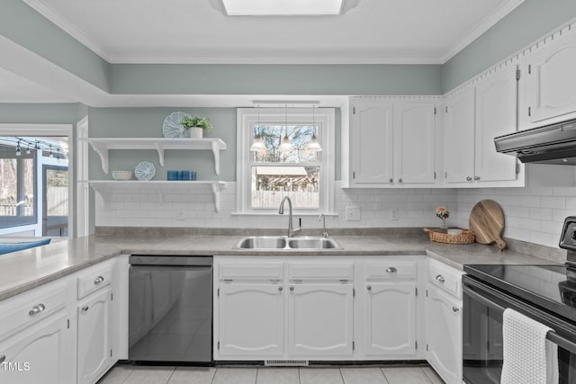 kitchen featuring a sink, black electric range, white cabinets, under cabinet range hood, and dishwasher