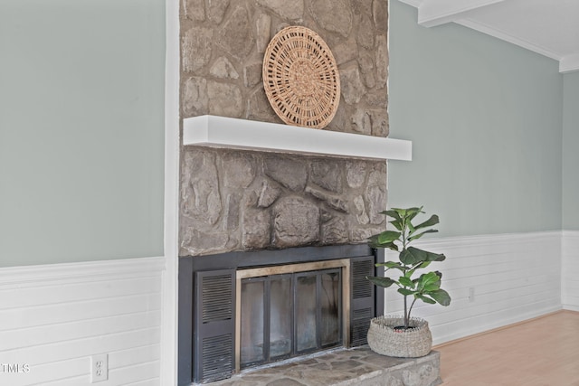 details featuring wood finished floors, a glass covered fireplace, wainscoting, and ornamental molding