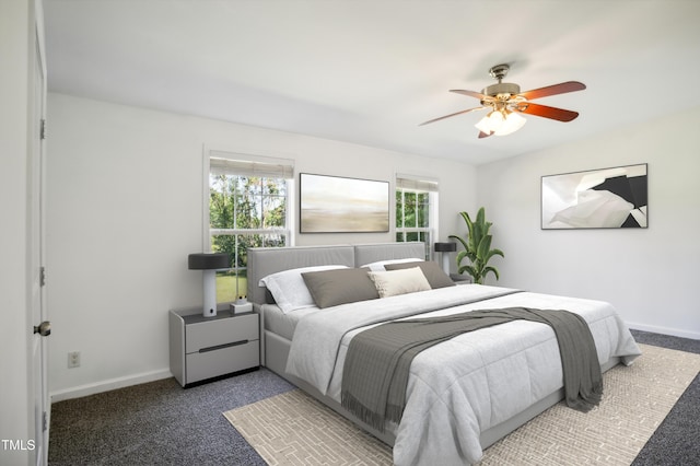 bedroom with carpet, a ceiling fan, and baseboards