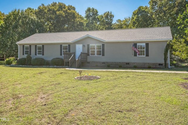 single story home with a front lawn and crawl space