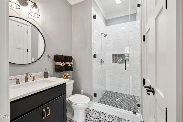 full bathroom featuring tile patterned floors, a shower stall, toilet, and vanity