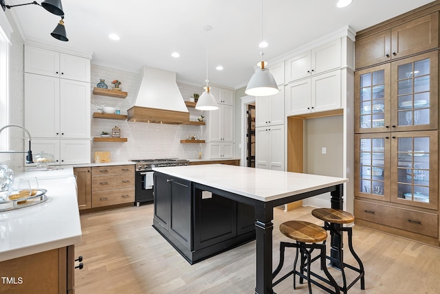 kitchen featuring premium range hood, high end stainless steel range oven, open shelves, and white cabinets