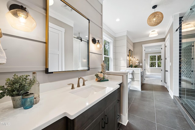 bathroom with tile patterned flooring, visible vents, walk in shower, ornamental molding, and vanity