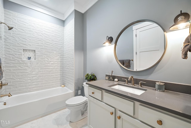 bathroom with vanity, bathtub / shower combination, tile patterned flooring, crown molding, and toilet