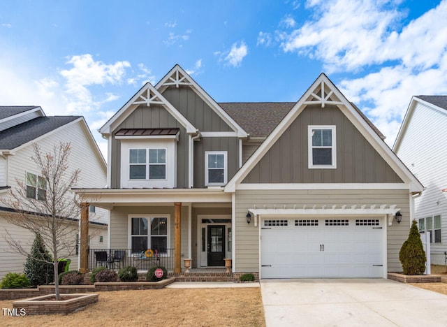 craftsman-style home with driveway, a porch, board and batten siding, a shingled roof, and a garage