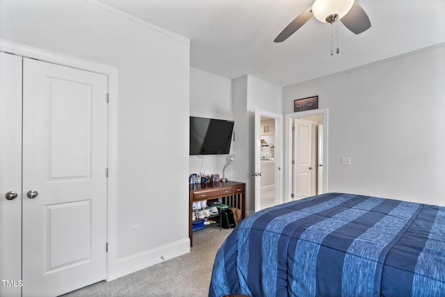 bedroom featuring carpet flooring, a ceiling fan, and baseboards