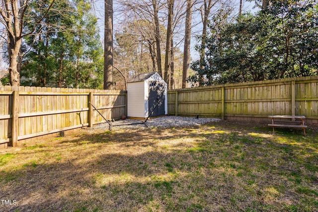 view of yard with an outbuilding, a storage shed, and a fenced backyard