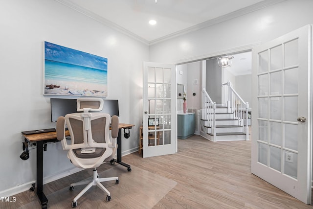 office area featuring crown molding, wood finished floors, french doors, and baseboards