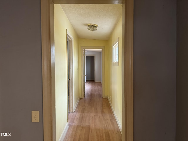 hallway with a textured ceiling, baseboards, and light wood-type flooring