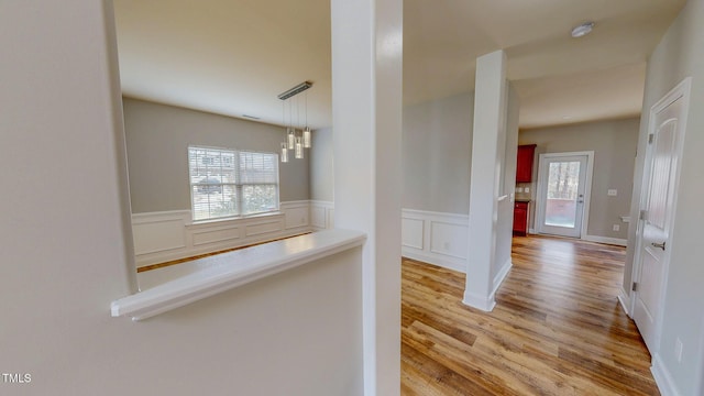 hall featuring wood finished floors, a decorative wall, a healthy amount of sunlight, and wainscoting