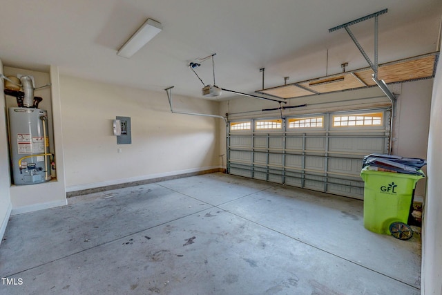 garage with electric panel, gas water heater, a garage door opener, and baseboards