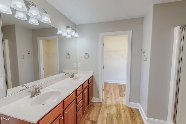 bathroom with double vanity, wood finished floors, baseboards, and a sink